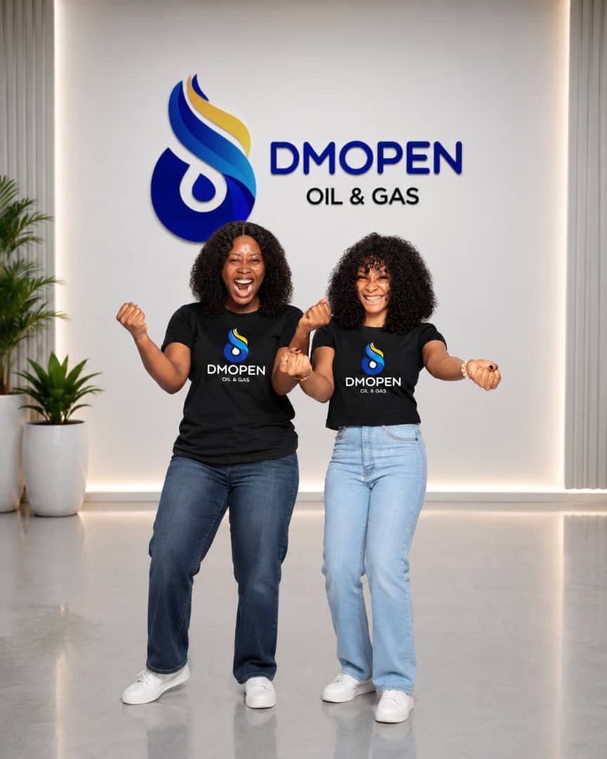 Two Dmopen team members celebrating in front of the Dmopen logo